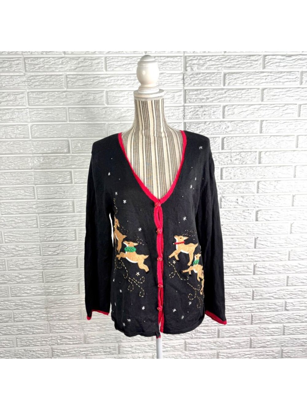 Vtg Designer Originals Studio Joy Christmas Reindeer Cardigan Sweater Size Large